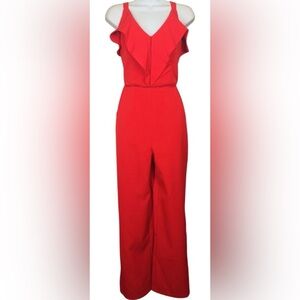 Adelyn Rae Women’s V-neck ruffle accent wide leg jumpsuit zipper back in Small